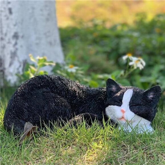 Cat Statue Outdoor Cat Figurines Garden Decor, Black Cat Statue Figurine Decor - Picture 6 of 7